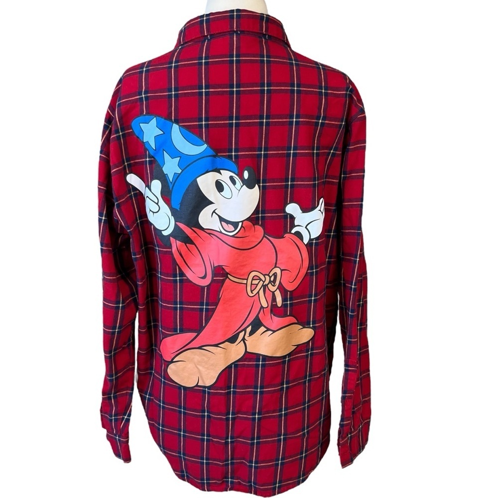 Disney Red Plaid Flannel Shirt with Sorcerer Mickey Graphic